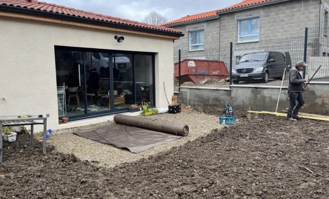 Aménagement extérieur d’une maison neuve à Givors , Mornant, Hugot Paysage